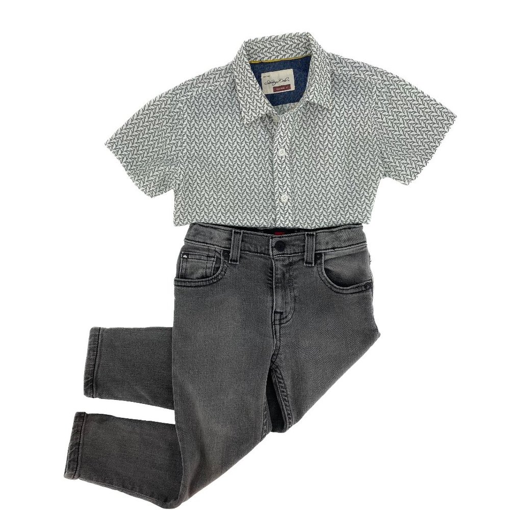 SOVEREIGN CODE Pattern Button Up Short Sleeve Shirt + QUIKSILVER Grey Jeans
